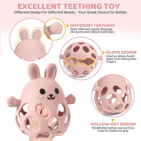 Orzbow Baby Teething Toys 3-6 Months, 2 in 1 Rattle & Hand Teethers for Teething Relief, Easy Grasp Teething Mittens for Babies 0-12 Months,Food Grade Silicone, Newborn Infant Toddler Gift, Pink in Kuwait