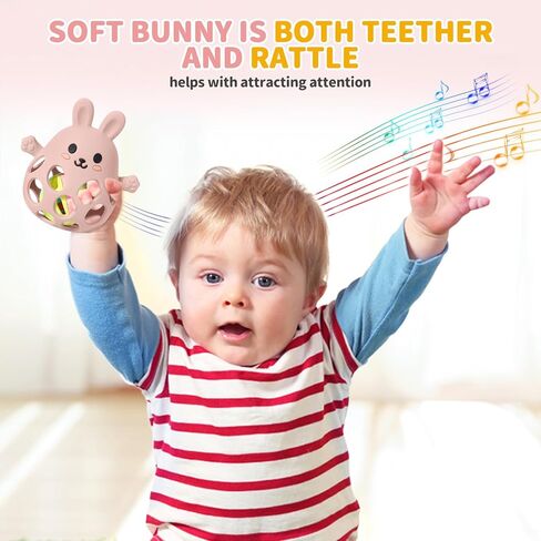 Orzbow Baby Teething Toys 3-6 Months, 2 in 1 Rattle & Hand Teethers for Teething Relief, Easy Grasp Teething Mittens for Babies 0-12 Months,Food Grade Silicone, Newborn Infant Toddler Gift, Pink in Kuwait