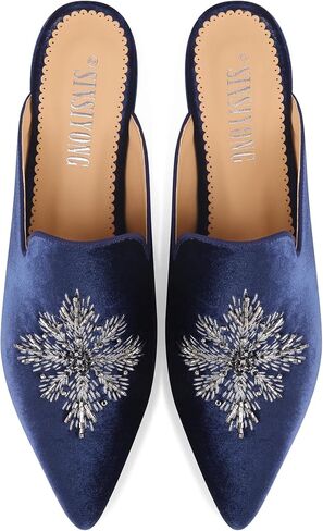 Embroidered Mules for Women Pointed Toe Beaded Backless Velvet Flats Slides with Snow Pattern in Saudi Arabia