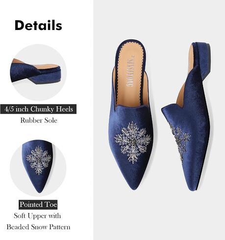 Embroidered Mules for Women Pointed Toe Beaded Backless Velvet Flats Slides with Snow Pattern in Saudi Arabia