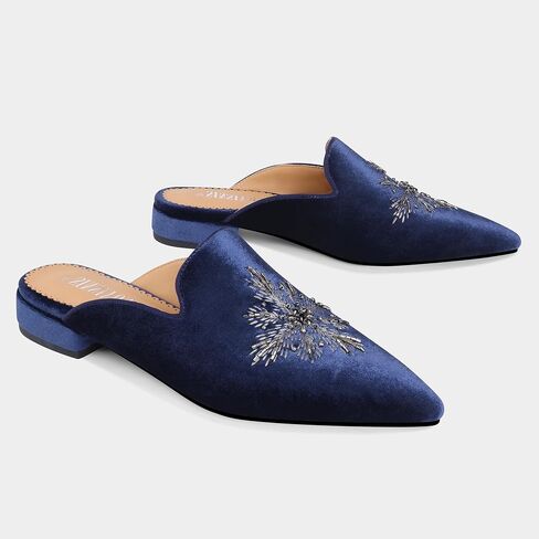 Embroidered Mules for Women Pointed Toe Beaded Backless Velvet Flats Slides with Snow Pattern in Saudi Arabia