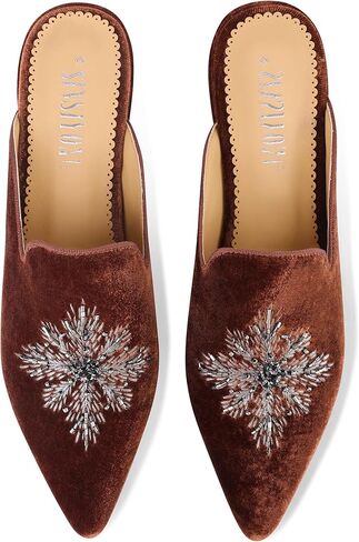 Embroidered Mules for Women Pointed Toe Beaded Backless Velvet Flats Slides with Snow Pattern in Kuwait