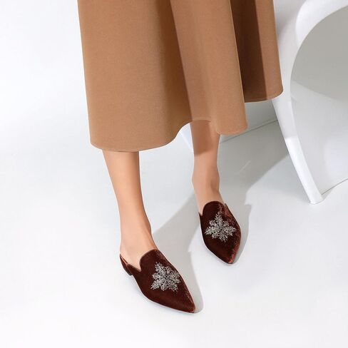 Embroidered Mules for Women Pointed Toe Beaded Backless Velvet Flats Slides with Snow Pattern in Kuwait