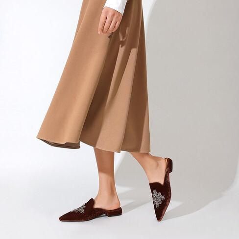 Embroidered Mules for Women Pointed Toe Beaded Backless Velvet Flats Slides with Snow Pattern in Kuwait