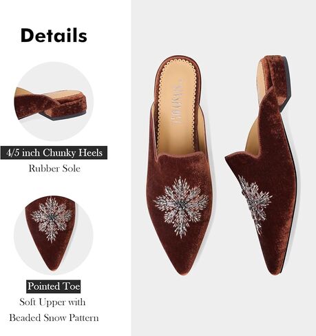 Embroidered Mules for Women Pointed Toe Beaded Backless Velvet Flats Slides with Snow Pattern in Kuwait