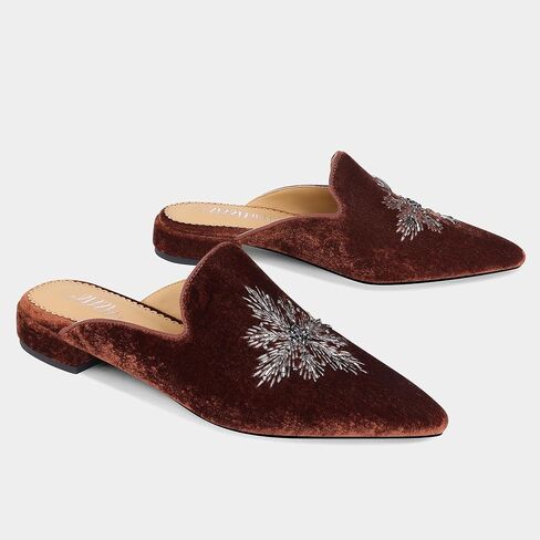 Embroidered Mules for Women Pointed Toe Beaded Backless Velvet Flats Slides with Snow Pattern in Kuwait
