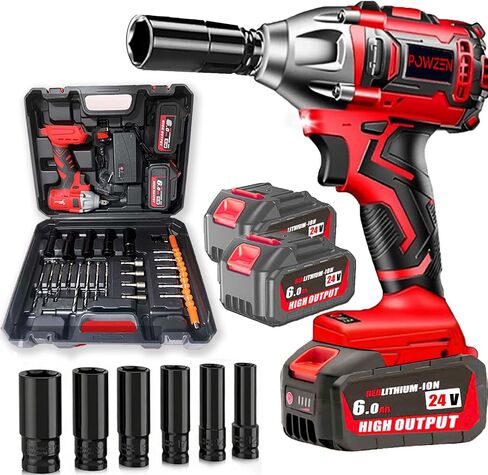 POWZEN 1/2" Cordless Impact Wrench 1200N.m Electric Impact Gun, w/2pcs 24V 2x6.0AH M18 Rechargable Battery, Fast Charger,Impact Driver Kit (0-8800 rpm), Socket for drill,Screwdriver,lug nuts in Saudi Arabia