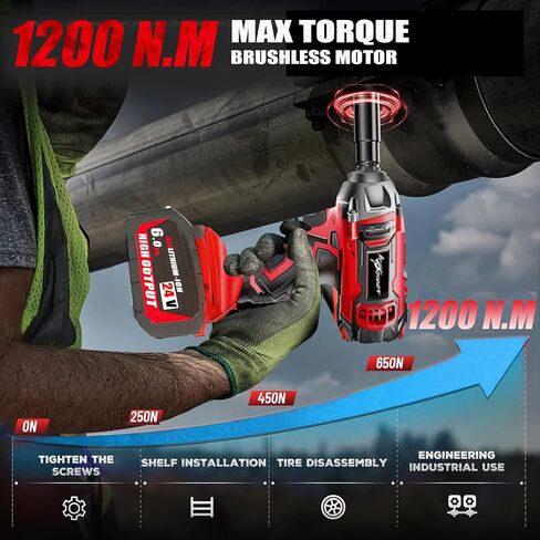 POWZEN 1/2" Cordless Impact Wrench 1200N.m Electric Impact Gun, w/2pcs 24V 2x6.0AH M18 Rechargable Battery, Fast Charger,Impact Driver Kit (0-8800 rpm), Socket for drill,Screwdriver,lug nuts in Saudi Arabia