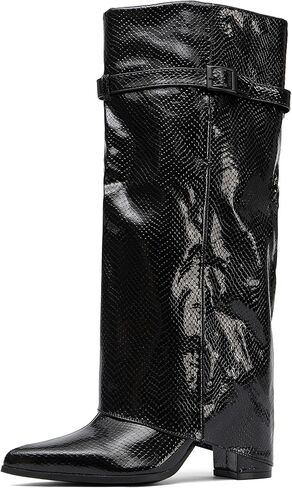 أحذية طويلة للركبة للسيدات من NEWBELLA - أحذية بنطال من جلد البولي يوريثان اللامع، أحذية بكعب عريض بمقدمة مدببة عصرية للملابس in Kuwait