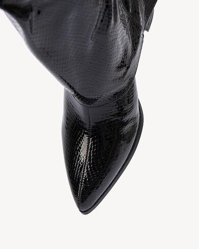 أحذية طويلة للركبة للسيدات من NEWBELLA - أحذية بنطال من جلد البولي يوريثان اللامع، أحذية بكعب عريض بمقدمة مدببة عصرية للملابس in Kuwait