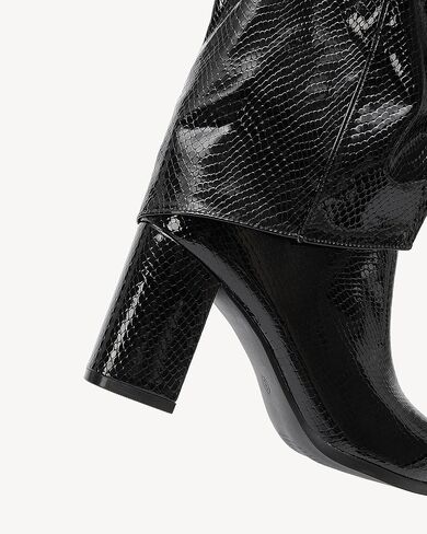 أحذية طويلة للركبة للسيدات من NEWBELLA - أحذية بنطال من جلد البولي يوريثان اللامع، أحذية بكعب عريض بمقدمة مدببة عصرية للملابس in Kuwait