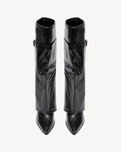 أحذية طويلة للركبة للسيدات من NEWBELLA - أحذية بنطال من جلد البولي يوريثان اللامع، أحذية بكعب عريض بمقدمة مدببة عصرية للملابس in Kuwait