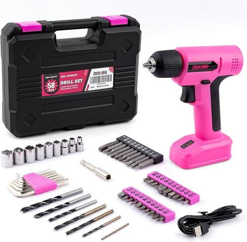 DOWELL 8V Cordless Drill Tool Set 58 PCS, Built-in LED, Variable Speed | Blow Molded Case, for DIY, Home Maintenance & Light Drilling, Pink, Type-C Charge Cable in Saudi Arabia