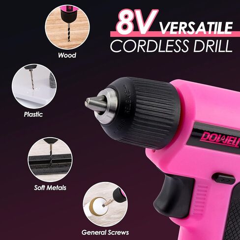 DOWELL 8V Cordless Drill Tool Set 58 PCS, Built-in LED, Variable Speed | Blow Molded Case, for DIY, Home Maintenance & Light Drilling, Pink, Type-C Charge Cable in Saudi Arabia