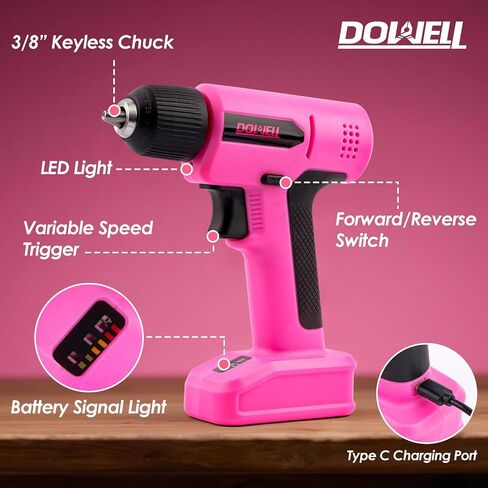 DOWELL 8V Cordless Drill Tool Set 58 PCS, Built-in LED, Variable Speed | Blow Molded Case, for DIY, Home Maintenance & Light Drilling, Pink, Type-C Charge Cable in Saudi Arabia