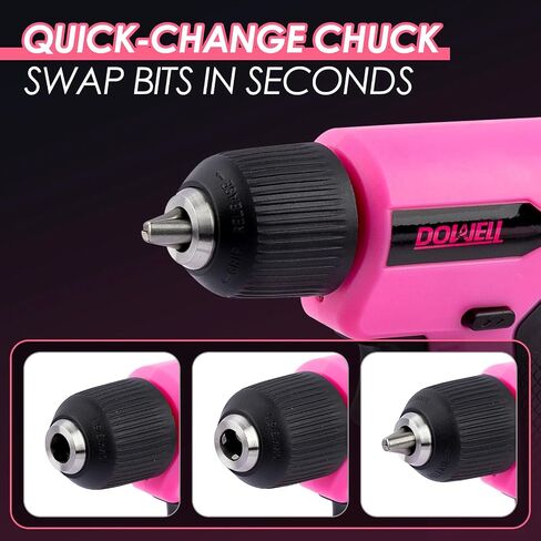 DOWELL 8V Cordless Drill Tool Set 58 PCS, Built-in LED, Variable Speed | Blow Molded Case, for DIY, Home Maintenance & Light Drilling, Pink, Type-C Charge Cable in Saudi Arabia