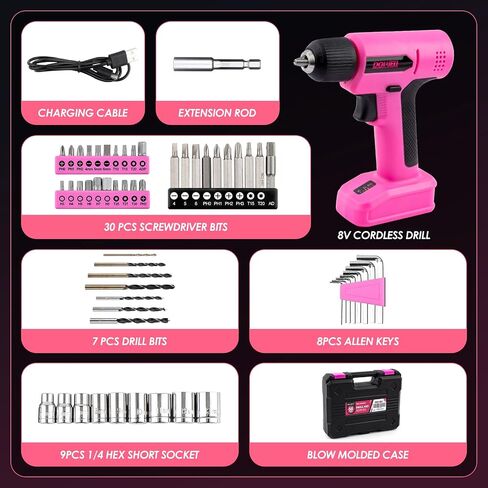 DOWELL 8V Cordless Drill Tool Set 58 PCS, Built-in LED, Variable Speed | Blow Molded Case, for DIY, Home Maintenance & Light Drilling, Pink, Type-C Charge Cable in Saudi Arabia