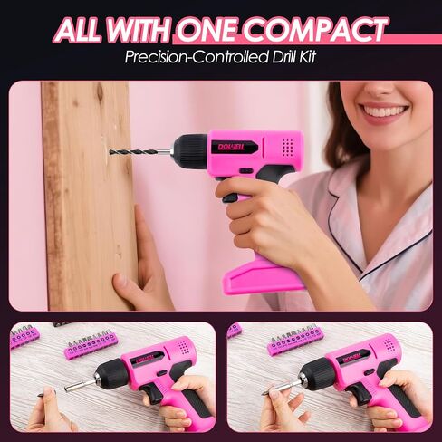 DOWELL 8V Cordless Drill Tool Set 58 PCS, Built-in LED, Variable Speed | Blow Molded Case, for DIY, Home Maintenance & Light Drilling, Pink, Type-C Charge Cable in Saudi Arabia