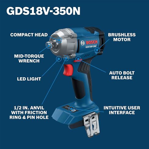 BOSCH GDS18V-350N 18V Brushless ½ In. Mid Torque Impact Wrench - 410 Ft.-Lbs Breakaway Torque, 250 Ft.-Lbs Fastening Torque, Compact Design (Bare Tool) in Saudi Arabia