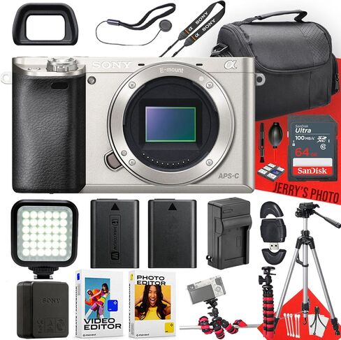 Sony Alpha a6000 Mirrorless Digital Camera (Silver, Body Only) + 64 GB Memory + Extra Battery + Spider Tripod + Case + Tripod + LED Light + Battery Charger + More (21pc Bundle) (Renewed) in Saudi Arabia