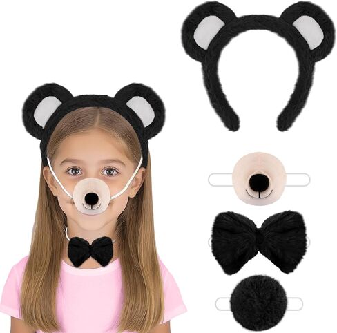 Vovii 4PC Animal Cosplay Set for Children Ears Headband Realistic Nose Bow Tie and Tail for Dress Up Role Play in Saudi Arabia
