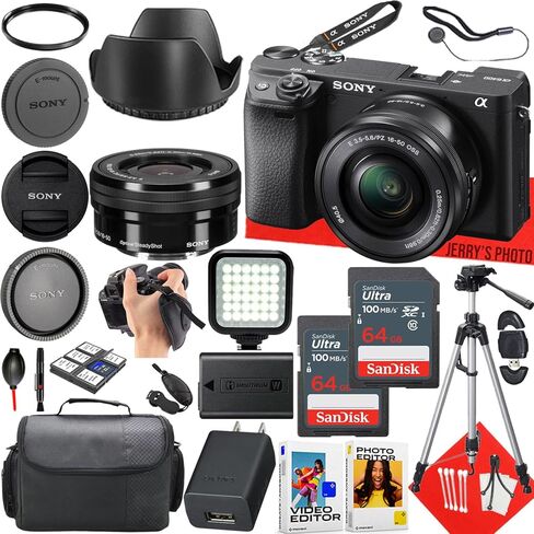 كاميرا Sony a6400 بدون مرآة مع عدسة Sony E PZ مقاس 16-50 مم f/3.5-5.6 OSS + قطعتين ذاكرة 64 جيجابايت + ضوء LED + حقيبة كاميرا + حامل ثلاثي + المزيد (حزمة 27 قطعة) (متجددة) in Saudi Arabia