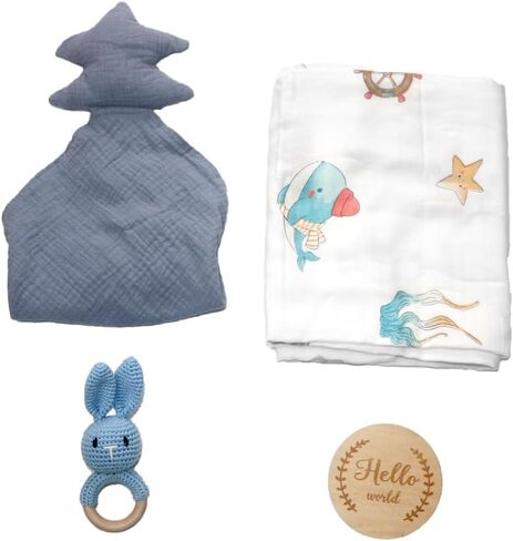 DI'FRANT Newborn Baby Gift Box | Educational Teething Toy & Soothing Crochet Rattle Set | 70% Bamboo & 30% Cotton | Perfect Baby Full Moon Gift in Eco-Friendly Kraft Box (Blue Pine) in Saudi Arabia