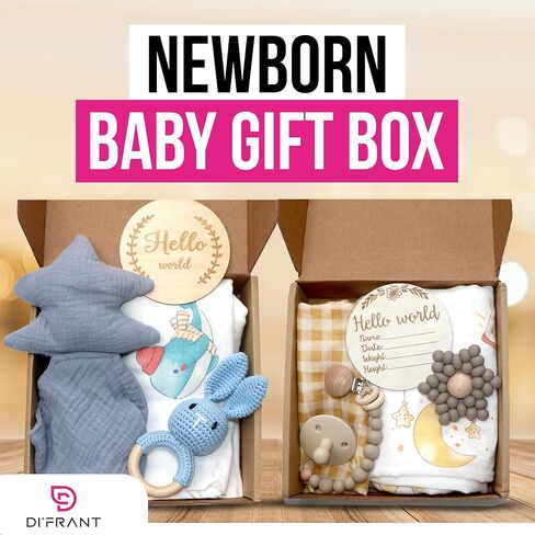 DI'FRANT Newborn Baby Gift Box | Educational Teething Toy & Soothing Crochet Rattle Set | 70% Bamboo & 30% Cotton | Perfect Baby Full Moon Gift in Eco-Friendly Kraft Box (Blue Pine) in Saudi Arabia