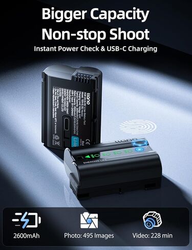 llano 2-Pack 2600mAh Aurora EN-EL15C Batteries and 20W USB-C Charger for Nikon Z8, Zf, Z6III, D850, Z7II, Z6II, Z7, Z6, D7500, D750, with Card Reader, Power Display & Multi-Device Charging in Saudi Arabia
