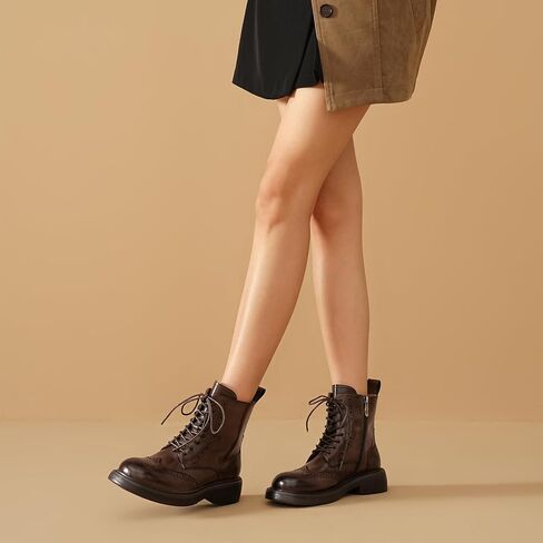 BEAU TODAY Combat Boots Womens, Leather Lace-up Brogue Oxfords Boots, Chunky Low Heel Ankle Booties for Women, Fashion Platform Dressy Fall Short Booties Shoes with Side Zipper in Saudi Arabia