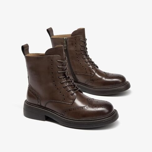 BEAU TODAY Combat Boots Womens, Leather Lace-up Brogue Oxfords Boots, Chunky Low Heel Ankle Booties for Women, Fashion Platform Dressy Fall Short Booties Shoes with Side Zipper in Saudi Arabia