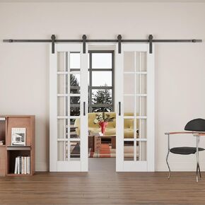 10 لايت من الخشب الصلب الزجاجي الشفاف مع مجموعة أدوات التثبيت باب الحظيرة المنزلق المزدوج (لا يتطلب تجميعًا)، 56 بوصة × 80 بوصة in Kuwait