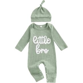 Newborn Little Brother Romper Baby Boy Waffle Knit Outfit With Hat Set | Infant Fall Winter Clothes,Convenient crotch snap closure,fits the baby's body shape without any restraint,0-18 Months in Saudi Arabia