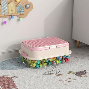 joyingbaby Toy Storage Organizer Box with Handle, Stackable Building Block Toy Box with Building Plate Lid & Removable Sorting Trays, Cubby Bins and Containers 1 Layer (Pink) in Saudi Arabia
