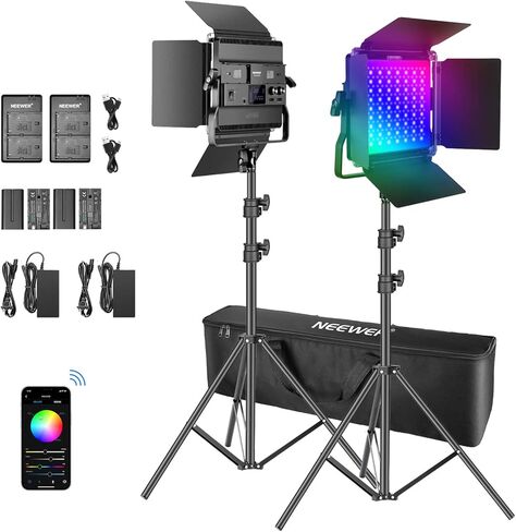 Neewer 2 حزم P200 RGB LED طقم بطارية ضوء الفيديو مع التحكم في التطبيق - CRI97 + 360 درجة كامل اللون RGB ضوء مسبق 9 مشاهد مع قوس U/Barndoor/شاشة LED/ ليوتيوب، التصوير الفوتوغرافي في الهواء الطلق in Saudi Arabia