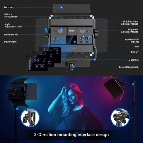 Neewer 2 حزم P200 RGB LED طقم بطارية ضوء الفيديو مع التحكم في التطبيق - CRI97 + 360 درجة كامل اللون RGB ضوء مسبق 9 مشاهد مع قوس U/Barndoor/شاشة LED/ ليوتيوب، التصوير الفوتوغرافي في الهواء الطلق in Saudi Arabia