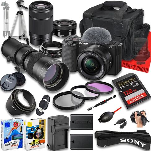 Sony ZV-E10 Mirrorless Camera with E PZ 16-50mm f/3.5-5.6 OSS & E 55-210mm f/4.5-6.3 & 420-800mm f/8 Lens + 128 GB Memory + Extra Battery + Camera Case + More (27pc Bundle) (Renewed) in Saudi Arabia