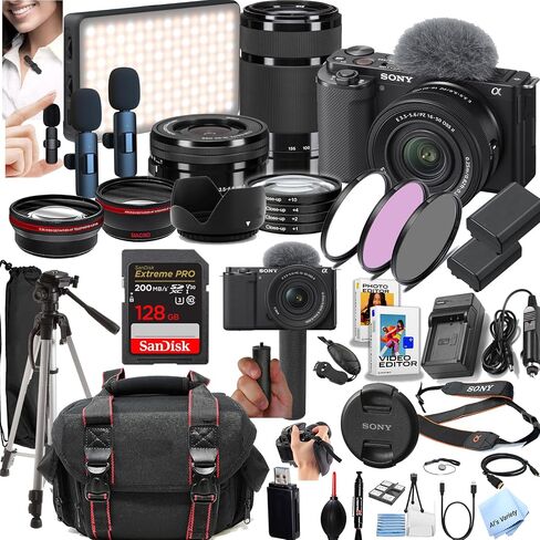 Sony ZV-E10 Mirrorless Camera with 16-50mm + 55-210mm Lenses + 128GB Extreme Memory, Wireless Lavalier Microphones, LED Light, AUX Lenses, Filters, Case, Tripod, and More (42pc Bundle) (Renewed) in Saudi Arabia