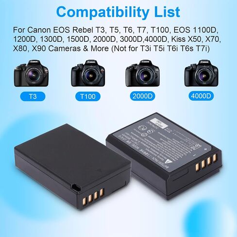 LP-E10 Battery 2 Pack 860mAh with Rapid Charger for Canon EOS Rebel T7 T6 T5 T3 T100 4000D 3000D 2000D 1500D 1300D 1200D 1100D DSLR Digital Camera Kiss X50 X70 X80 Battery Power Supply Cord in Saudi Arabia