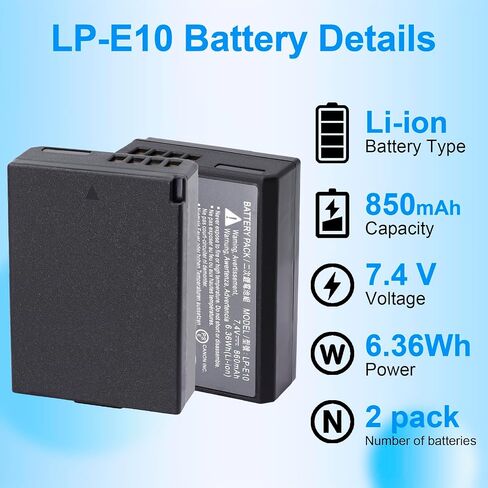LP-E10 Battery 2 Pack 860mAh with Rapid Charger for Canon EOS Rebel T7 T6 T5 T3 T100 4000D 3000D 2000D 1500D 1300D 1200D 1100D DSLR Digital Camera Kiss X50 X70 X80 Battery Power Supply Cord in Saudi Arabia