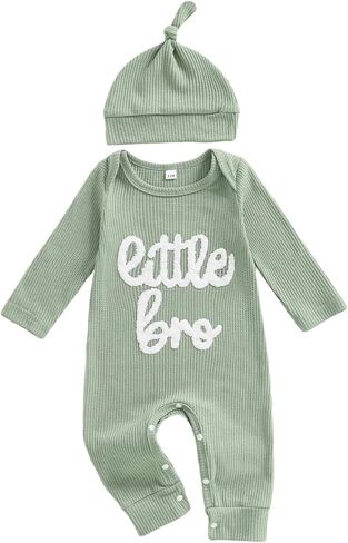 Newborn Little Brother Romper Baby Boy Waffle Knit Outfit With Hat Set | Infant Fall Winter Clothes,Convenient crotch snap closure,fits the baby's body shape without any restraint,0-18 Months in Saudi Arabia