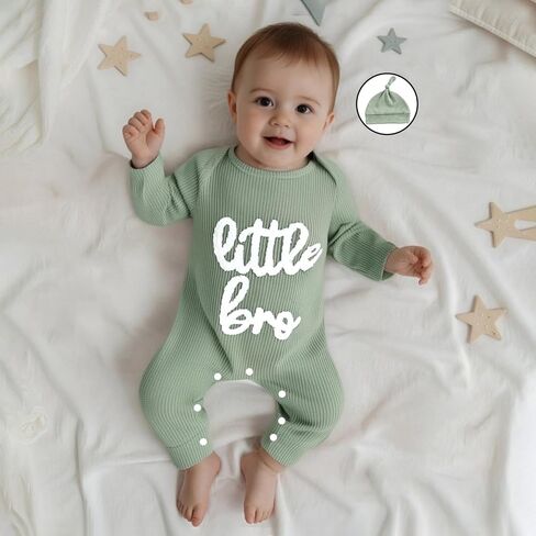 Newborn Little Brother Romper Baby Boy Waffle Knit Outfit With Hat Set | Infant Fall Winter Clothes,Convenient crotch snap closure,fits the baby's body shape without any restraint,0-18 Months in Saudi Arabia