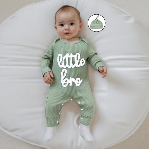 Newborn Little Brother Romper Baby Boy Waffle Knit Outfit With Hat Set | Infant Fall Winter Clothes,Convenient crotch snap closure,fits the baby's body shape without any restraint,0-18 Months in Saudi Arabia
