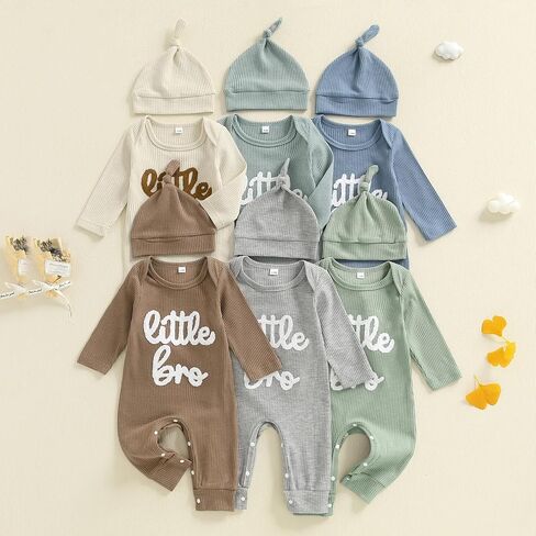 Newborn Little Brother Romper Baby Boy Waffle Knit Outfit With Hat Set | Infant Fall Winter Clothes,Convenient crotch snap closure,fits the baby's body shape without any restraint,0-18 Months in Saudi Arabia