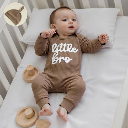 Yoawdats Newborn Little Brother Romper Baby Boy Waffle Knit Outfit With Hat Fall Winter Infant Clothes Set in Saudi Arabia