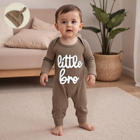 Yoawdats Newborn Little Brother Romper Baby Boy Waffle Knit Outfit With Hat Fall Winter Infant Clothes Set in Saudi Arabia