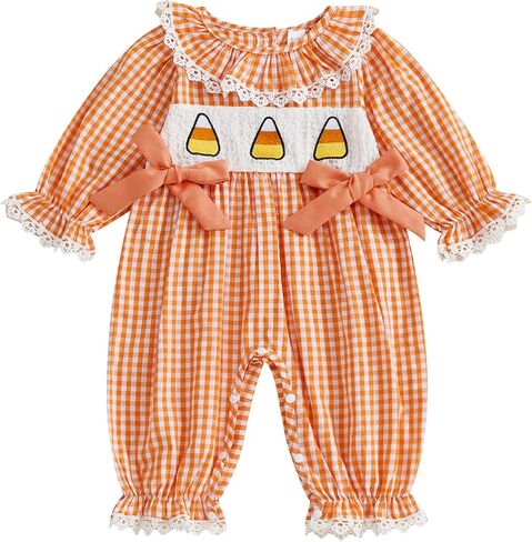 Baby Girl Halloween Outfits Plaid Lace Trim Candy Corn Embroideried Romper Long Sleeve Jumpsuit Fall Clothes in Saudi Arabia