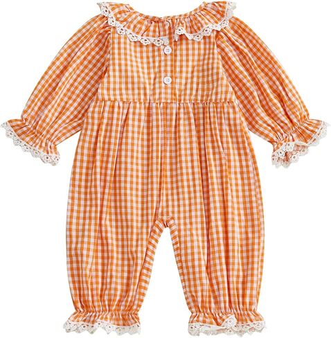 Baby Girl Halloween Outfits Plaid Lace Trim Candy Corn Embroideried Romper Long Sleeve Jumpsuit Fall Clothes in Saudi Arabia