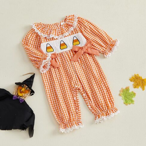 Baby Girl Halloween Outfits Plaid Lace Trim Candy Corn Embroideried Romper Long Sleeve Jumpsuit Fall Clothes in Saudi Arabia