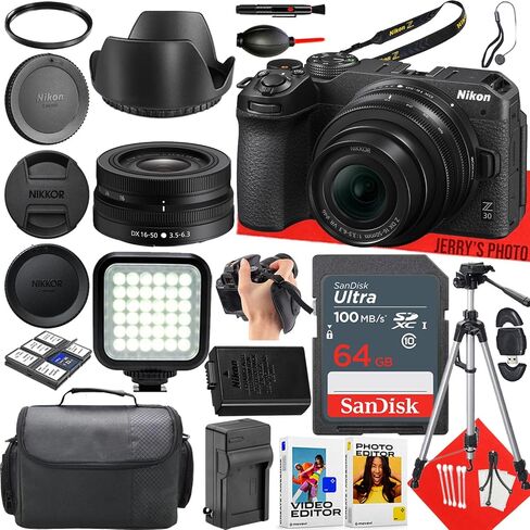 كاميرا Nikon Z30 بدون مرآة مع عدسة Nikon NIKKOR Z DX مقاس 16-50 مم f/3.5-6.3 VR + ذاكرة 64 جيجابايت + ضوء LED + حقيبة كاميرا + حامل ثلاثي القوائم + المزيد (حزمة 24 قطعة) (متجددة) in Saudi Arabia